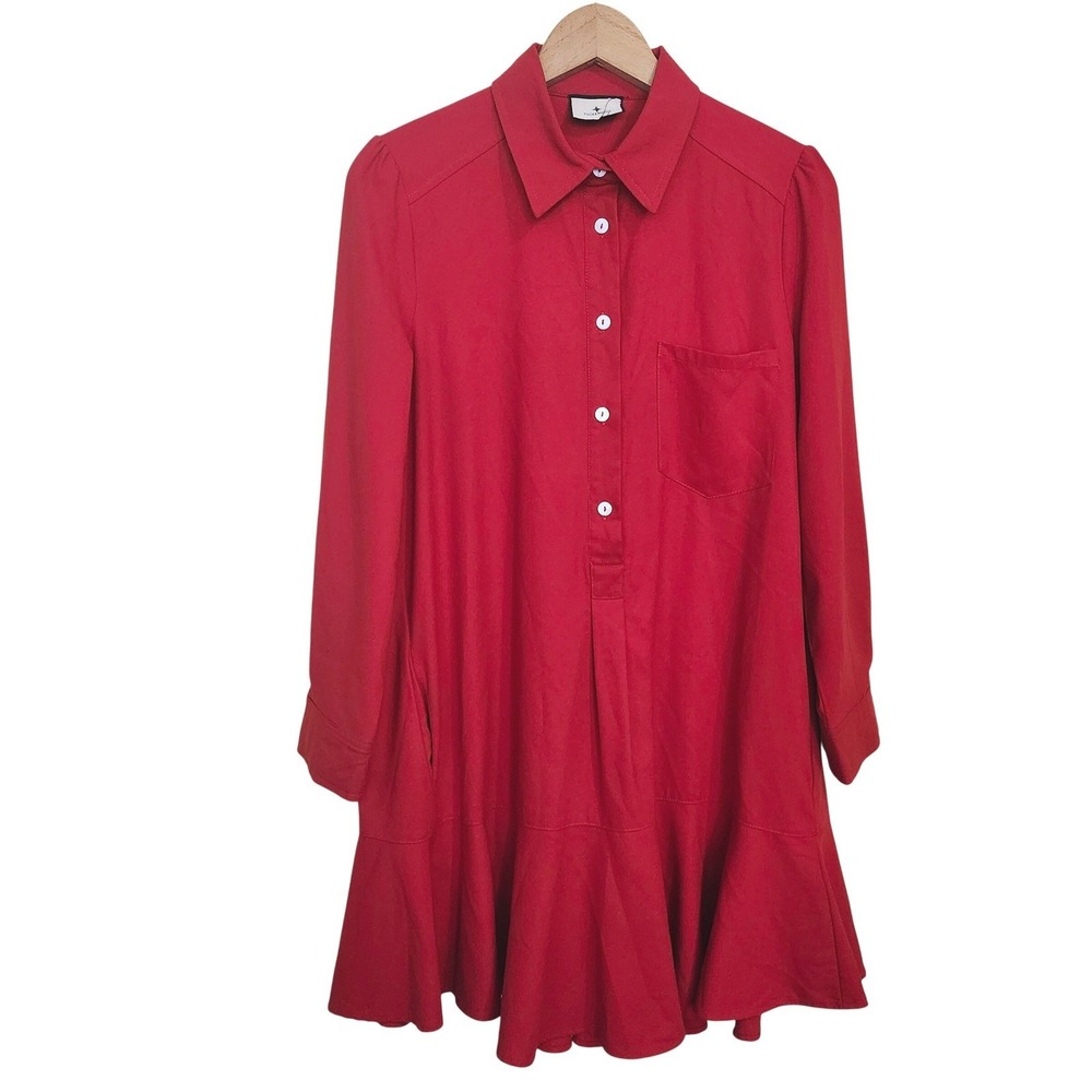 Tuckernuck Callahan Shirt Dress Womens L Red Button Front Ruffle Hem Long Sleeve